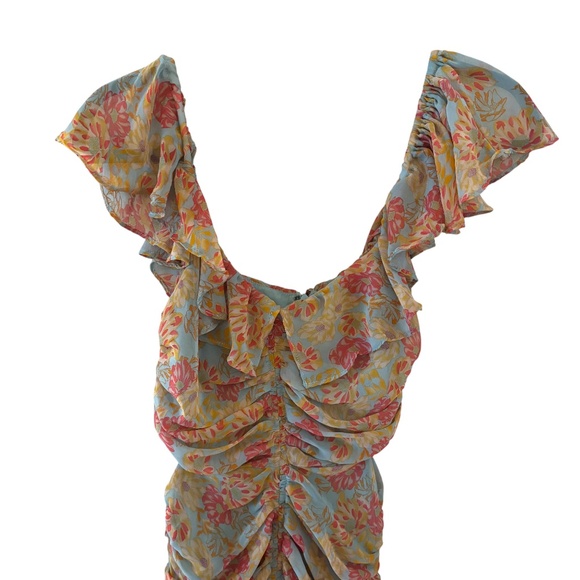 ASTR The Label Floral Ruffle Ruched Maxi Dress XS Blue Orange Boho Romantic - Picture 4 of 10